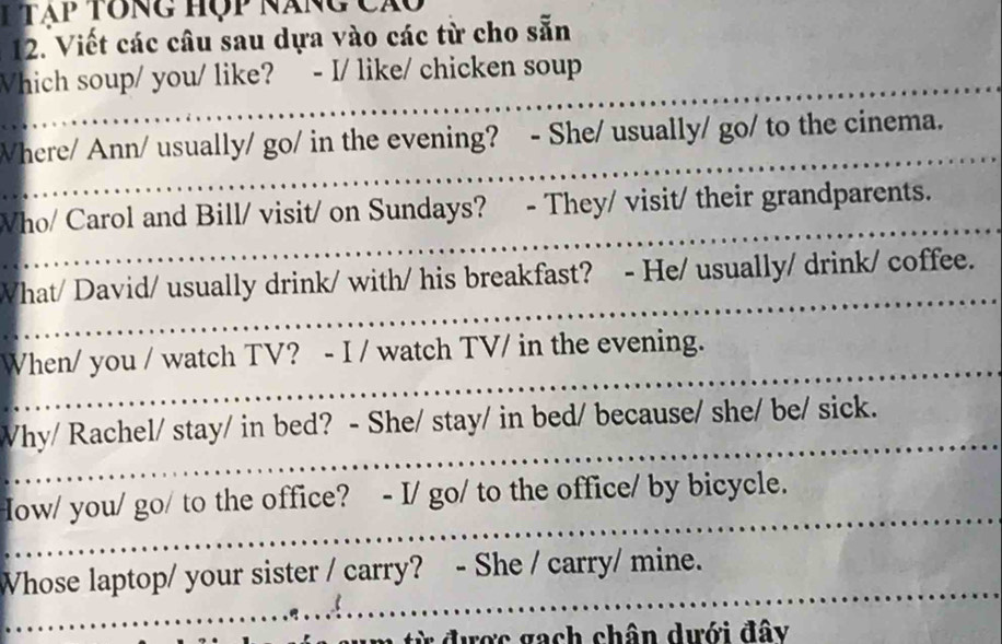 tập tổng hộp năng cáo 
12. Viết các câu sau dựa vào các từ cho sẵn 
Which soup/ you/ like? - I/ like/ chicken soup 
Where/ Ann/ usually/ go/ in the evening? - She/ usually/ go/ to the cinema. 
Who/ Carol and Bill/ visit/ on Sundays? - They/ visit/ their grandparents. 
What/ David/ usually drink/ with/ his breakfast? - He/ usually/ drink/ coffee. 
When/ you / watch TV? - I / watch TV/ in the evening. 
Why/ Rachel/ stay/ in bed? - She/ stay/ in bed/ because/ she/ be/ sick. 
How/ you/ go/ to the office? - I/ go/ to the office/ by bicycle. 
Whose laptop/ your sister / carry? - She / carry/ mine. 
v đ ợc gach chân dưới đây