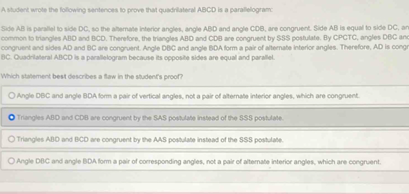 A student wrote the following sentences to prove that quadrilateral ...