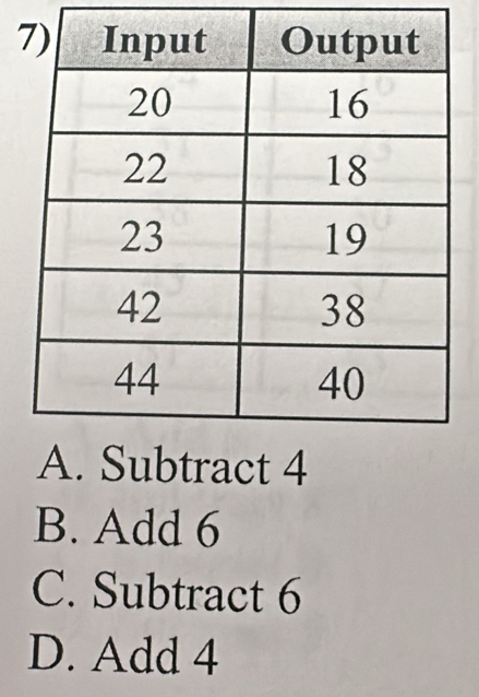 7
B. Add 6
C. Subtract 6
D. Add 4