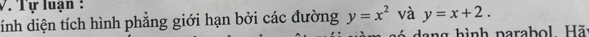 Tự luận :
ính diện tích hình phẳng giới hạn bởi các đường y=x^2 và y=x+2. 
dang hình parabol. Hã: