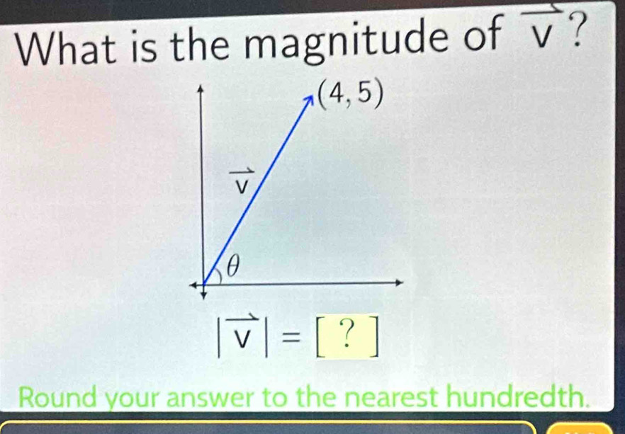 What is the magnitude of frac V ?
|vector v|=[?]
Round your answer to the nearest hundredth.