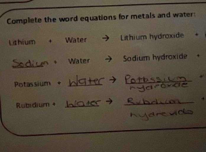 Complete the word equations for metals and water 
Lithium + Water Lithium hydroxide 
_ 
^ + Water Sodium hydroxide 
Potassium +_ 
_ 
. 
Rubidium +_ 
_ 
_