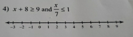 x+8≥ 9 and  x/7 ≤ 1