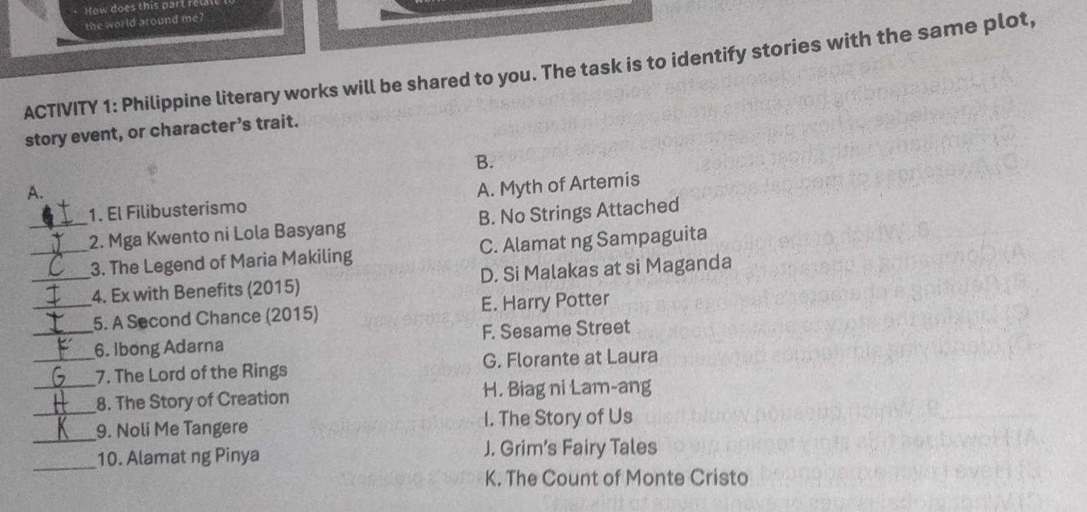 How does this part relat
the world around me?
ACTIVITY 1: Philippine literary works will be shared to you. The task is to identify stories with the same plot,
story event, or character’s trait.
B.
A.
1. El Filibusterismo A. Myth of Artemis
_2. Mga Kwento ni Lola Basyang B. No Strings Attached
__3. The Legend of Maria Makiling C. Alamat ng Sampaguita
4. Ex with Benefits (2015) D. Si Malakas at si Maganda
_5. A Second Chance (2015) E. Harry Potter
_6. İbong Adarna F. Sesame Street
_7. The Lord of the Rings G. Florante at Laura
_
_8. The Story of Creation H. Biag ni Lam-ang
_
9. Noli Me Tangere I. The Story of Us
_
10. Alamat ng Pinya
J. Grim’s Fairy Tales
K. The Count of Monte Cristo