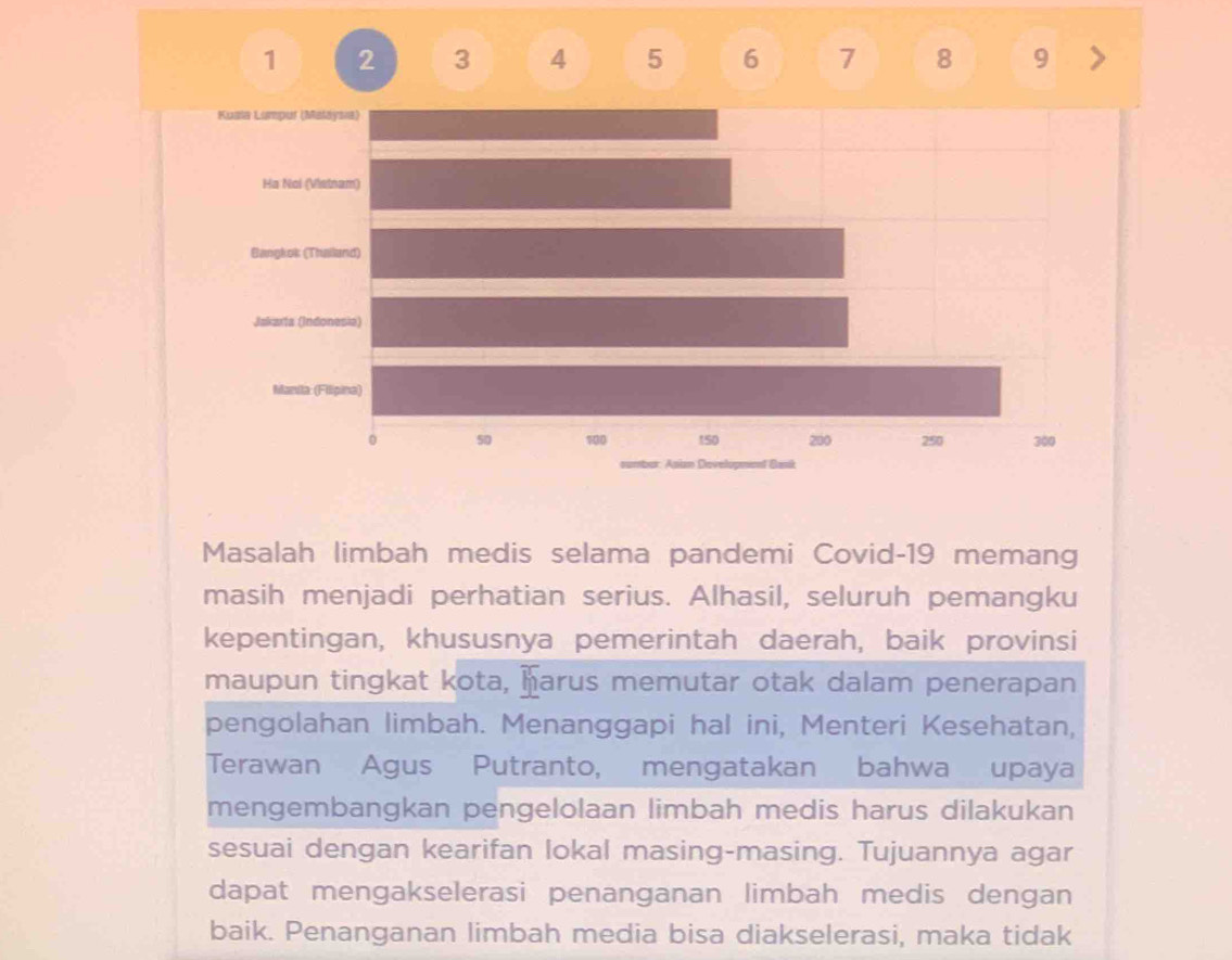 1 2 3 4 5 6 7 8 9 > 
Masalah limbah medis selama pandemi Covid- 19 memang 
masih menjadi perhatian serius. Alhasil, seluruh pemangku 
kepentingan, khususnya pemerintah daerah, baik provinsi 
maupun tingkat kota, harus memutar otak dalam penerapan 
pengolahan limbah. Menanggapi hal ini, Menteri Kesehatan, 
Terawan Agus Putranto, mengatakan bahwa upaya 
mengembangkan pengelolaan limbah medis harus dilakukan 
sesuai dengan kearifan lokal masing-masing. Tujuannya agar 
dapat mengakselerasi penanganan limbah medis dengan 
baik. Penanganan limbah media bisa diakselerasi, maka tidak