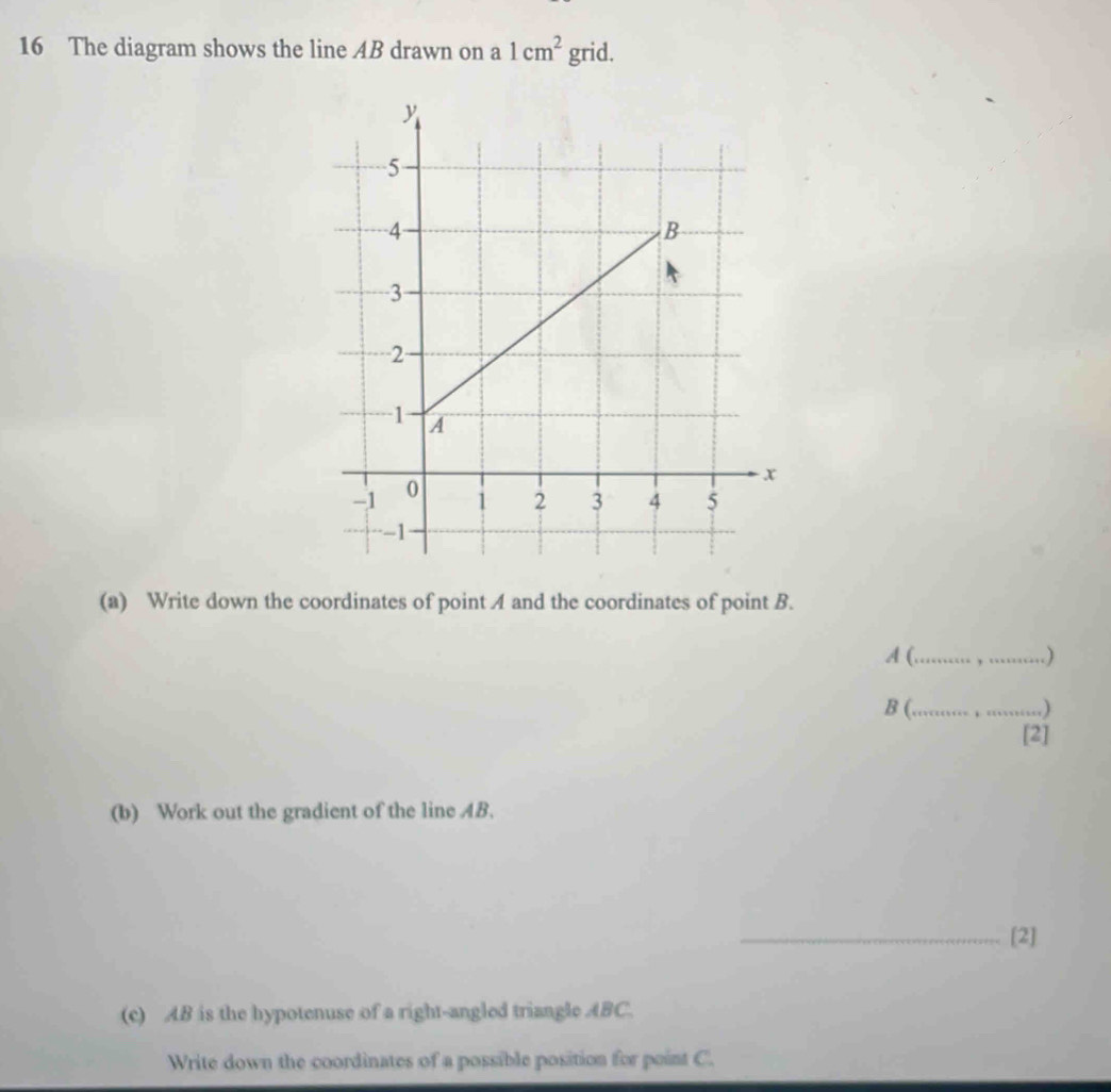 The diagram shows the line AB drawn on a 1cm^2 grid. 
(a) Write down the coordinates of point A and the coordinates of point B. 
A (_ ) 
B (._ ) 
[2] 
(b) Work out the gradient of the line AB. 
_[2] 
(c) AB is the hypotenuse of a right-angled triangle ABC. 
Write down the coordinates of a possible position for point C.