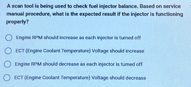 Solved: A scan tool is being used to check fuel injector balance. Based ...