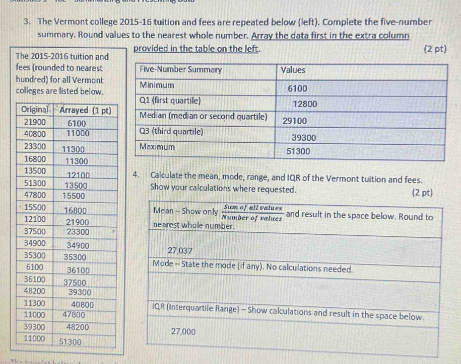 Solved: The Vermont college 2015-16 tuition and fees are repeated below ...