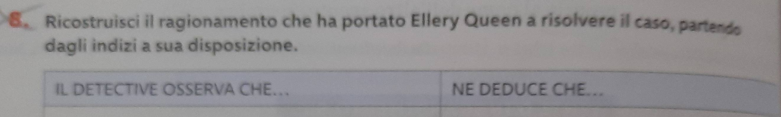 8。 Ricostruisci il ragionamento che ha portato Ellery Queen a risolvere il caso, partendo 
dagli indizi a sua disposizione. 
IL DETECTIVE OSSERVA CHE. NE DEDUCE CHE..