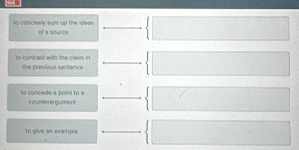 to concisely sum up the ideas .
of a source
to contrast with the claim in .
the previous sentence
to concede a point to a
counterargument
to give an example