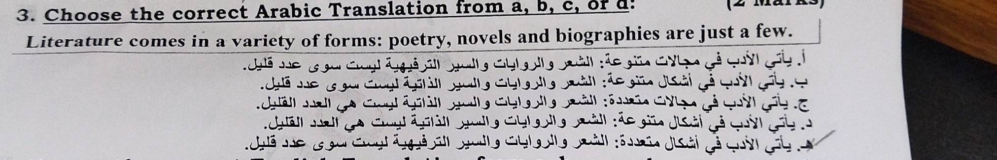 Choose the correct Arabic Translation from a, b, c, of d. 
Literature comes in a variety of forms: poetry, novels and biographies are just a few.