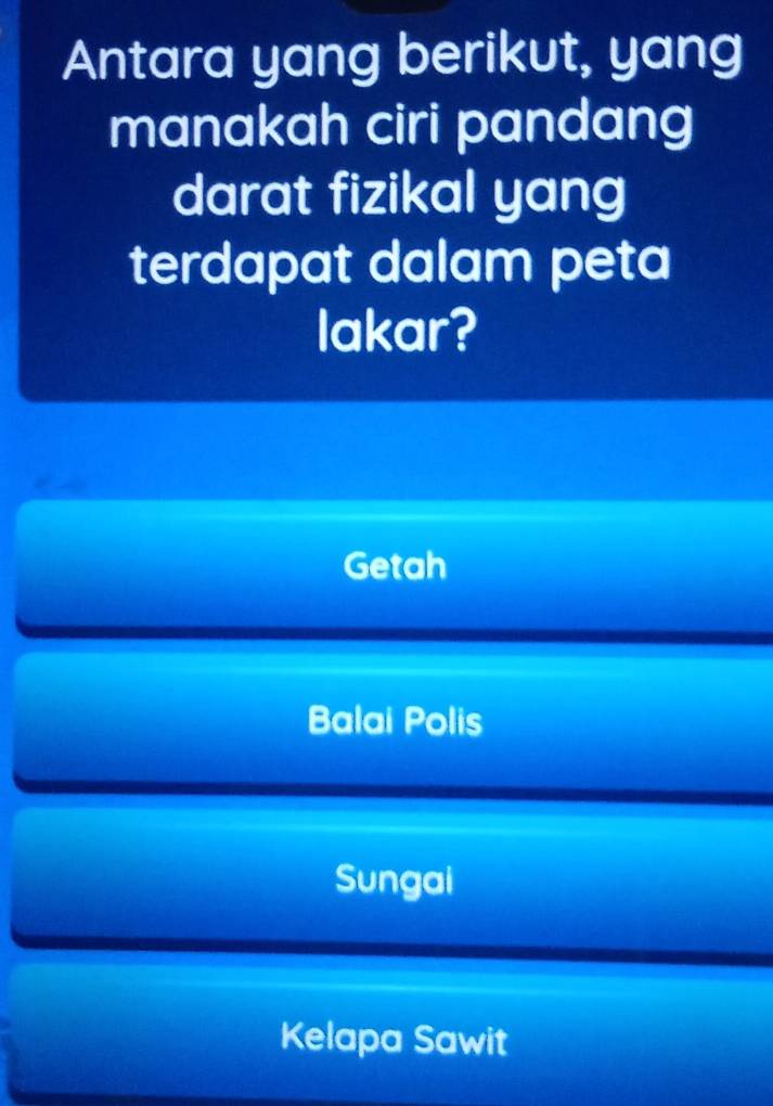 Antara yang berikut, yang
manakah ciri pandang
darat fizikal yang
terdapat dalam peta
lakar?
Getah
Balai Polis
Sungai
Kelapa Sawit