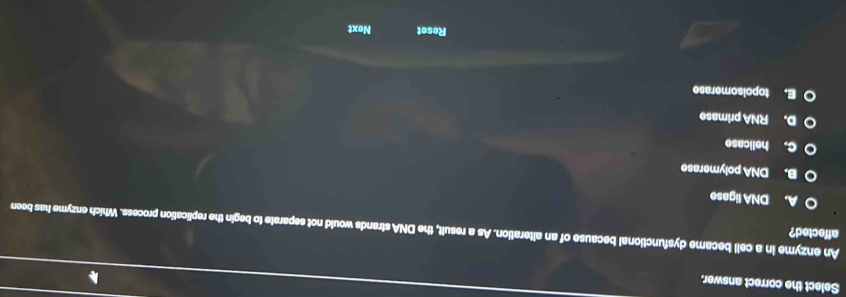 Select the correct answer.
affected?
An enzyme in a cell became dysfunctional because of an alteration. As a result, the DNA strands would not separate to begin the replication process. Which enzyme has been
DNA ligase
B. DNA polymerase
C. helicase
D. RNA primase
E, topoisomerase
Reset Next