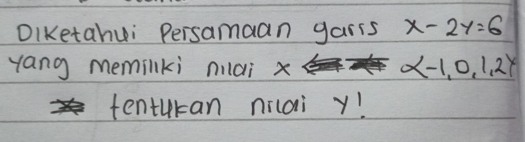 DIKetahui Persamaan garss x-2y=6
yang memilki nilai x alpha -1, 0, 1, 2y
tenturan nilai y!