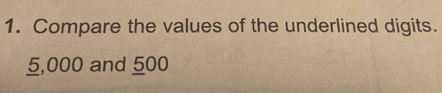 Compare the values of the underlined digits.
5,000 and 5005