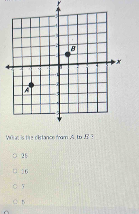 y
What is the distance from A to B ?
25
16
7
5