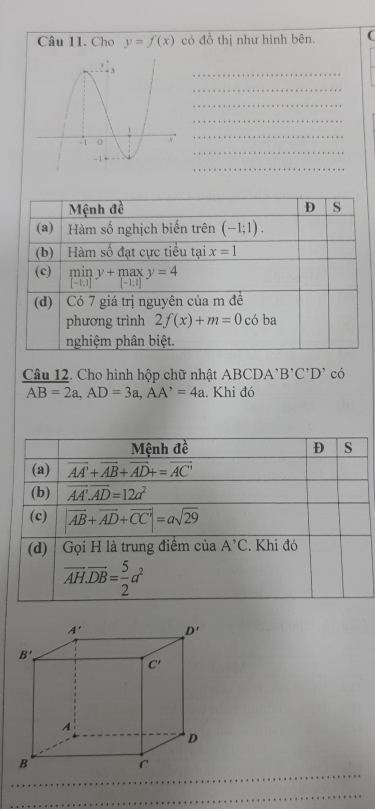 Cho y=f(x) có đồ thị như hình bên. (
Câu 12. Cho hình hộp chữ nhật ABCDA B'C'D' có
AB=2a,AD=3a,AA'=4a. Khi đó