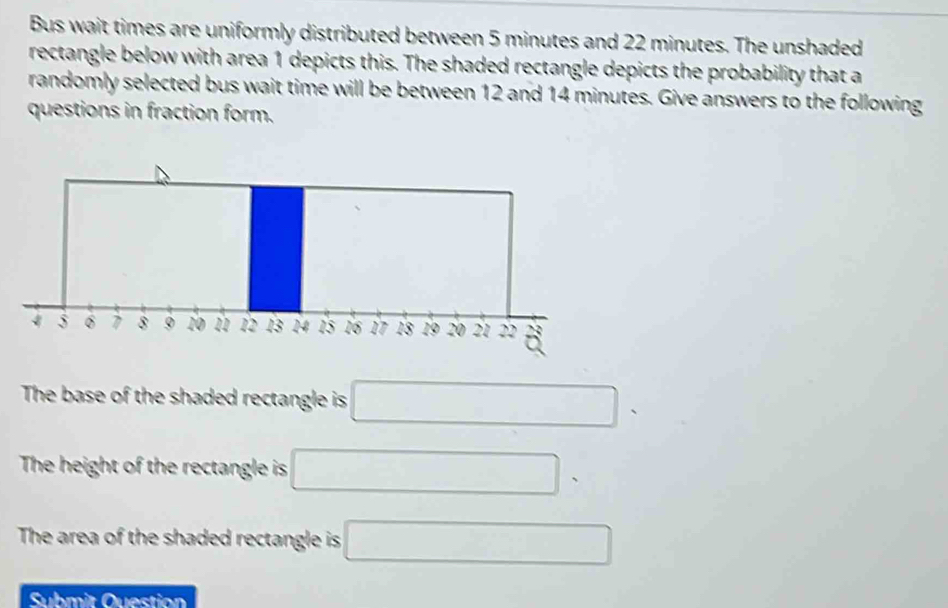 Bus wait times are uniformly distributed between 5 minutes and 22 minutes. The unshaded 
rectangle below with area 1 depicts this. The shaded rectangle depicts the probability that a 
randomly selected bus wait time will be between 12 and 14 minutes. Give answers to the following 
questions in fraction form. 
The base of the shaded rectangle is □
The height of the rectangle is □. 
The area of the shaded rectangle is □ 
Submit Ouestion