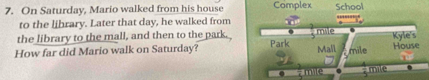 On Saturday, Mario walked from his house Complex School 
to the library. Later that day, he walked from 
the library to the mall, and then to the park.  2/5  mile Kyle's 
How far did Mario walk on Saturday? Park Mall  2/5  mile House
 2/5  mile  4/5  mile