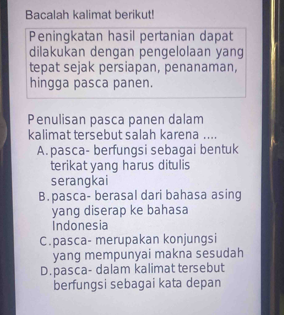 Bacalah kalimat berikut!
Peningkatan hasil pertanian dapat
dilakukan dengan pengelolaan yang
tepat sejak persiapan, penanaman,
hingga pasca panen.
Penulisan pasca panen dalam
kalimat tersebut salah karena ....
A. pasca- berfungsi sebagai bentuk
terikat yang harus ditulis
serangkai
B. pasca- berasal dari bahasa asing
yang diserap ke bahasa
Indonesia
C.pasca- merupakan konjungsi
yang mempunyai makna sesudah
D.pasca- dalam kalimat tersebut
berfungsi sebagai kata depan