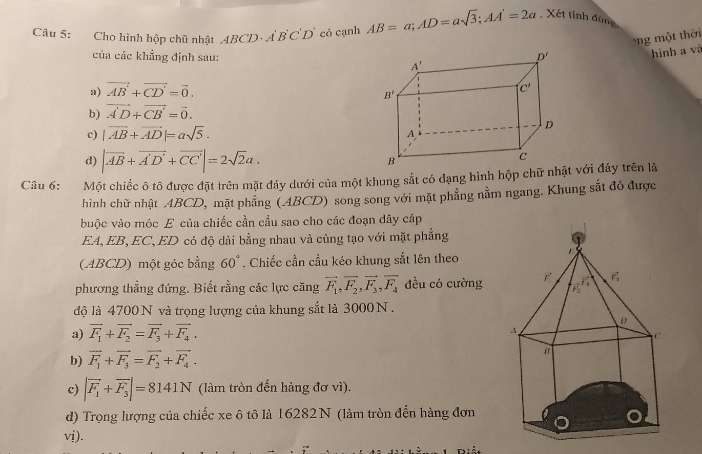 Cho hình hộp chũ nhật ABCD· A'B'C'D' có cạnh AB=a;AD=asqrt(3);AA'=2a. Xét tính đúng
ng một thời
của các khẵng định sau: D'
hình a và
A'
a) vector AB'+vector CD'=vector 0.
B'
C'
b) vector A'D+vector CB'=vector 0.
c) |vector AB+vector AD|=asqrt(5).
D
A
d) |vector AB+vector A'D'+vector CC'|=2sqrt(2)a.
B
C
Câu 6: Một chiếc ô tô được đặt trên mặt đáy dưới của một khung sắt có dạng hình hộp chữ nhật với đáy trên là
hình chữ nhật ABCD, mặt phẳng (ABCD) song song với mặt phẳng nằm ngang. Khung sắt đó được
buộc vào móc E của chiếc cần cầu sao cho các đoạn dây cáp
EA, EB,EC, ED có độ dài bằng nhau và cùng tạo với mặt phẳng
(ABCD) một góc bằng 60°. Chiếc cần cầu kéo khung sắt lên theo
phương thẳng đứng. Biết rằng các lực căng vector F_1,vector F_2,vector F_3,vector F_4 đều có cường
độ là 4700N và trọng lượng của khung sắt là 3000N.
a) vector F_1+vector F_2=vector F_3+vector F_4.
b) vector F_1+vector F_3=vector F_2+vector F_4.
c) |vector F_1+vector F_3|=8141N (làm tròn đến hàng đơ vì).
d) Trọng lượng của chiếc xe ô tô là 16282N (làm tròn đến hàng đơn
vị).