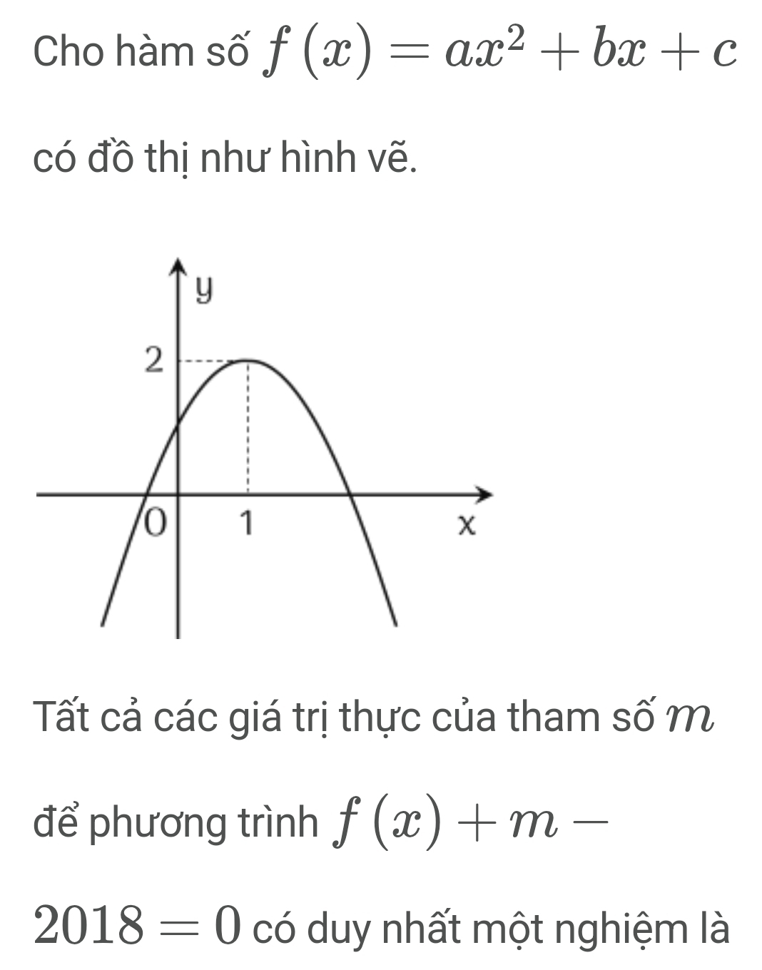 Cho hàm số f(x)=ax^2+bx+c
có đồ thị như hình vẽ. 
Tất cả các giá trị thực của tham số m 
để phương trình f(x)+m-
2018=0 có duy nhất một nghiệm là