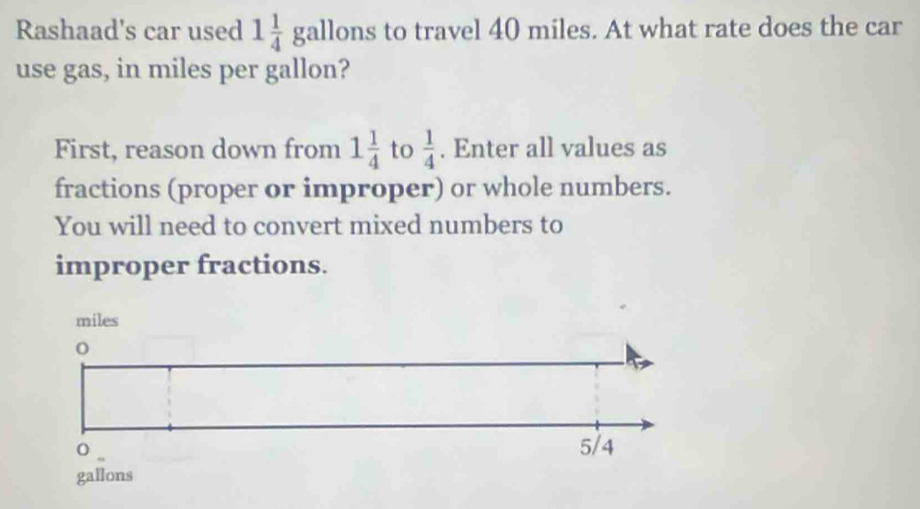 Rashaad's car used 1 1/4 gallo ns to travel 40 miles. At what rate does the car 
use gas, in miles per gallon? 
First, reason down from 1 1/4  to  1/4 . Enter all values as 
fractions (proper or improper) or whole numbers. 
You will need to convert mixed numbers to 
improper fractions.
miles
gallons