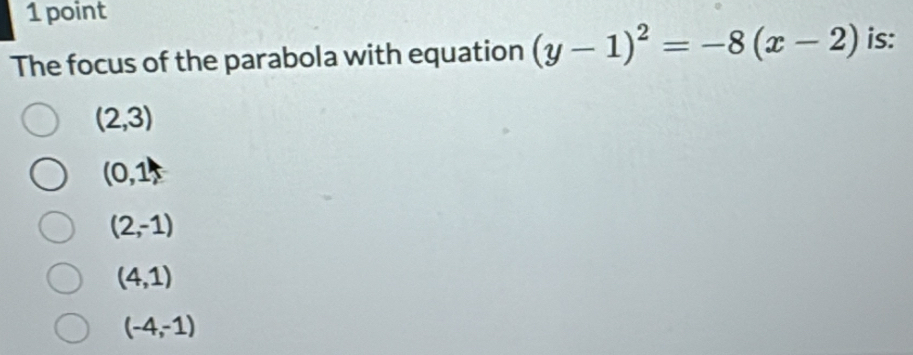 The focus of the parabola with equation (y-1)^2=-8(x-2) is:
(2,3)
(0,1)
(2,-1)
(4,1)
(-4,-1)