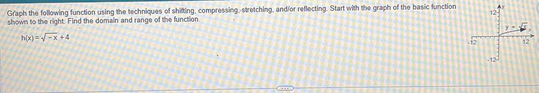 Graph the following function using the techniques of shifting, compressing, stretching, and/or reflecting. Start with the graph of the basic function
shown to the right. Find the domain and range of the function.
h(x)=sqrt(-x)+4