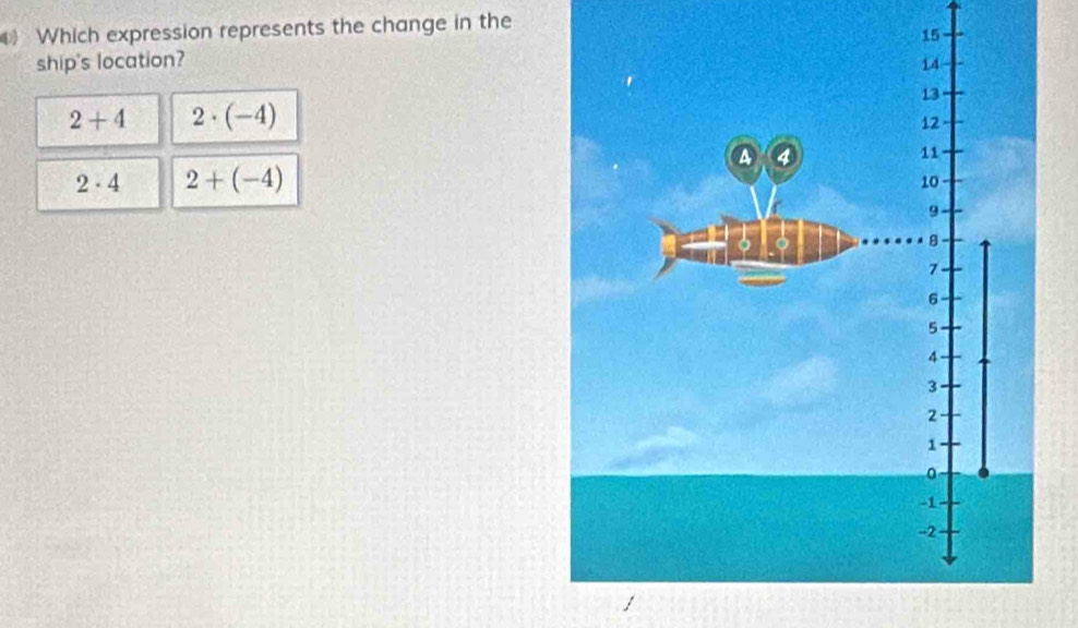 Which expression represents the change in the
ship's location?
2+4 2· (-4)
2· 4 2+(-4)