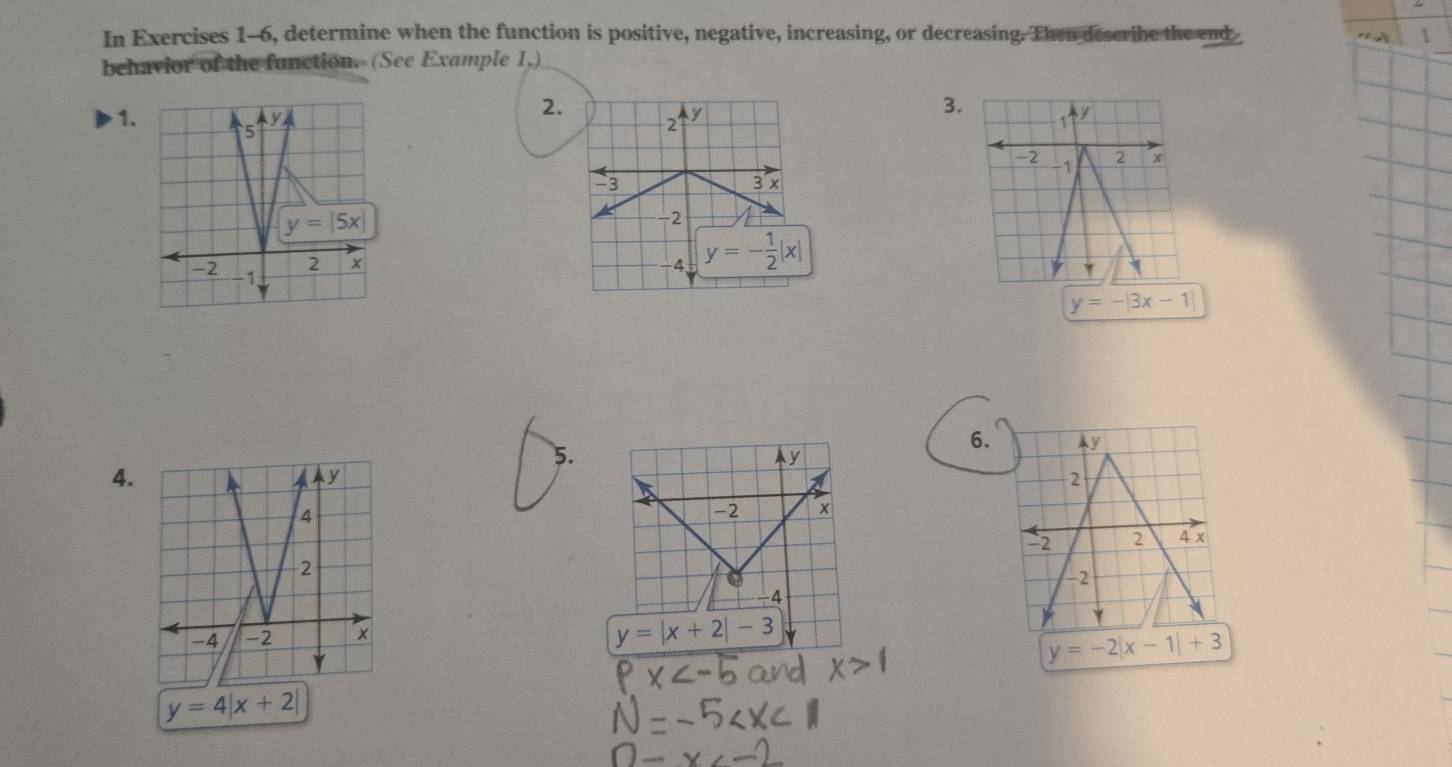 In Exercises 1-6, determine when the function is positive, negative, increasing, or decreasing. Then describe the end
behavior of the function. (See Example 1,)
2.
3.
1.
y=-|3x-1|
5.
6.
4.
2
4 x
-2 2
-2
y=-2|x-1|+3
y=4|x+2|