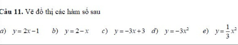 Vẽ đồ thị các hàm số sau 
a) y=2x-1 b) y=2-x c) y=-3x+3 d) y=-3x^2 e) y= 1/3 x^2