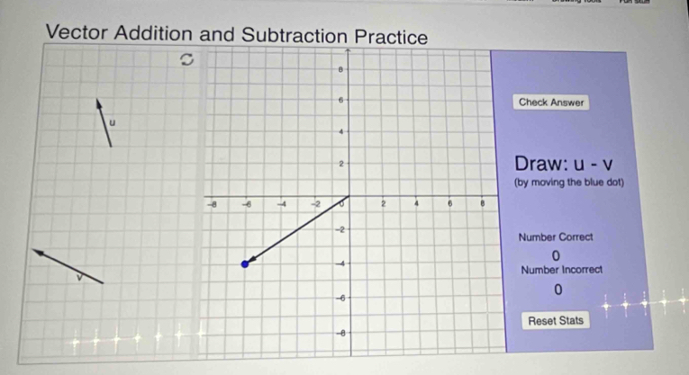 Vector Addition and Subtraction Practice
Check Answer
Draw:
u - ν
by moving the blue dot)
Number Correct
0
Number Incorrect
0
Reset Stats