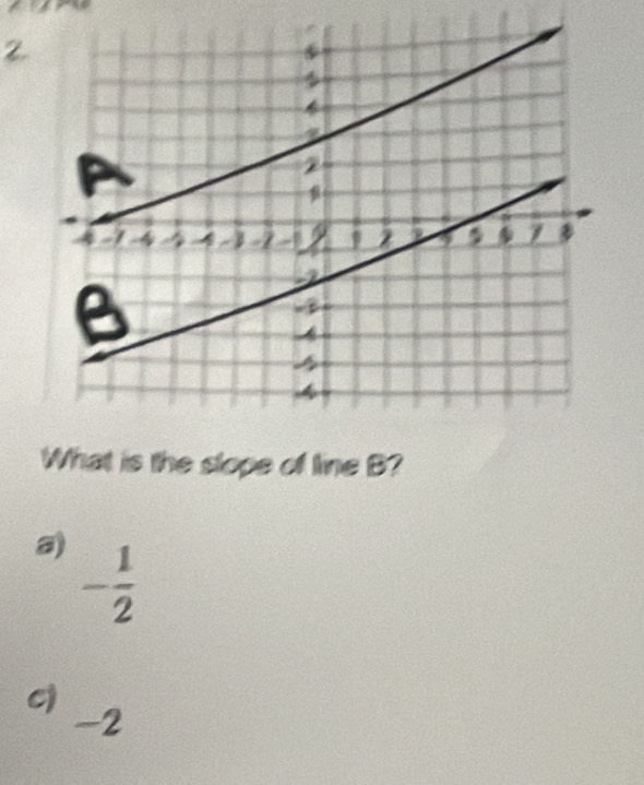 What is the slope of line B?
a) - 1/2 
c
-2