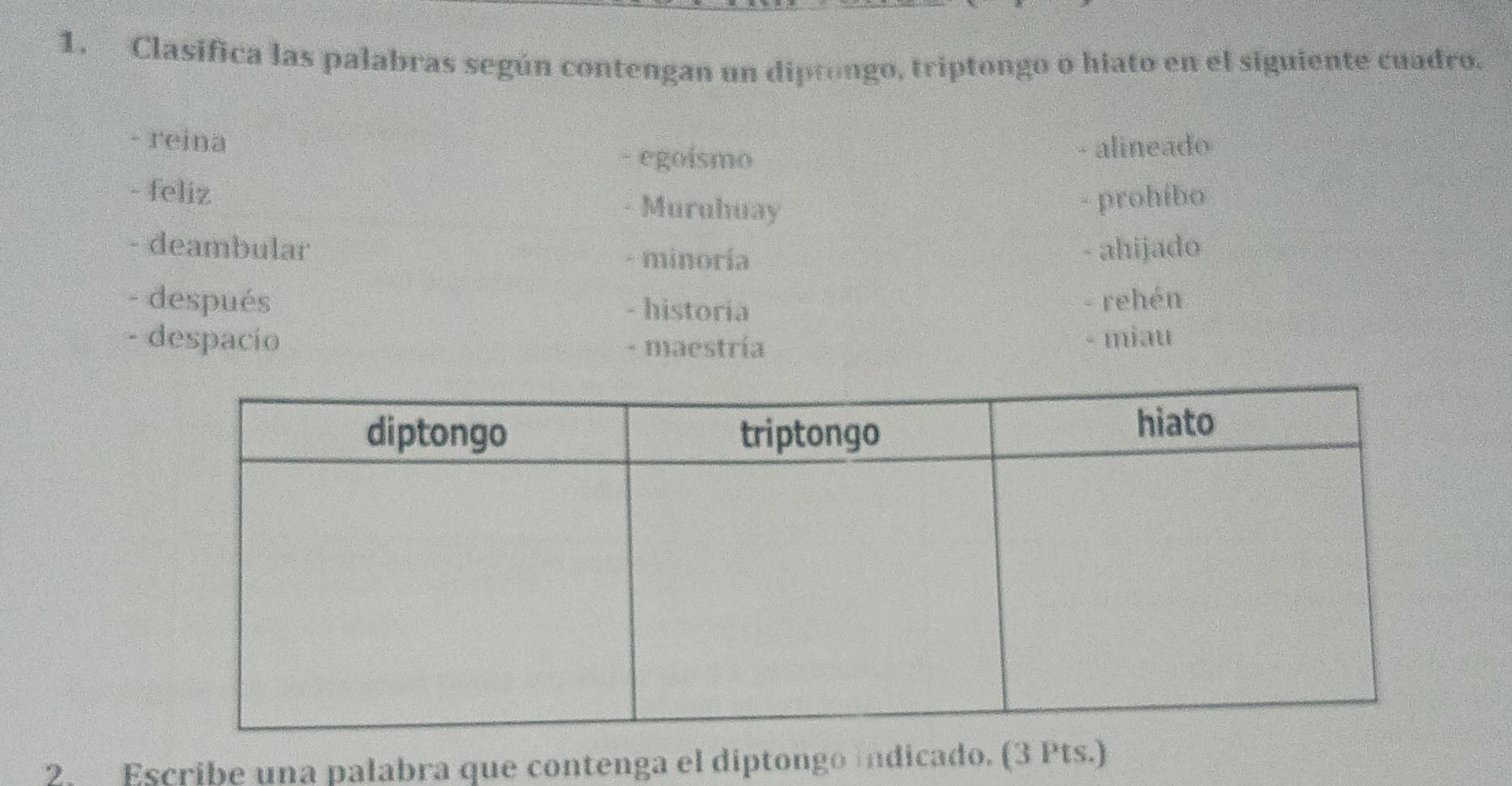 Clasifica las palabras según contengan un diptongo, triptongo o hiato en el siguiente cuadro.
- reina - alineado
- egoismo
- feliz
- Muruhuay - prohíbo
- deambular - ahijado
- minoría
- después - rehén
- historia
- despacío - maestría - miau
2. Escribe una palabra que contenga el diptongo índicado. (3 Pts.)