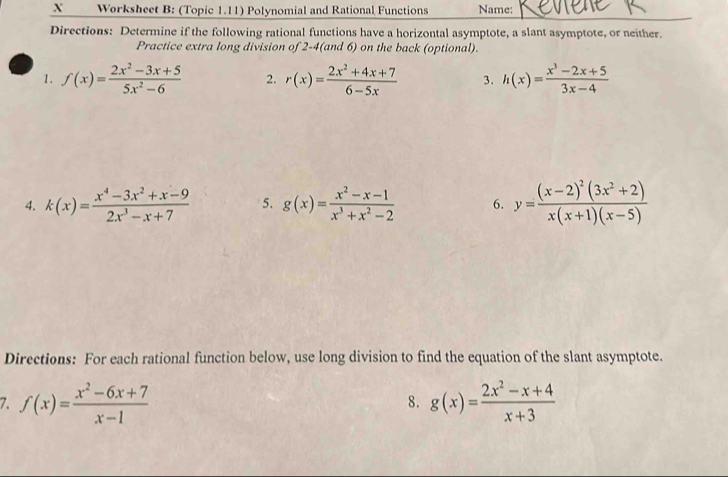 Solved: Worksheet B: (Topic 1.11) Polynomial and Rational Functions ...