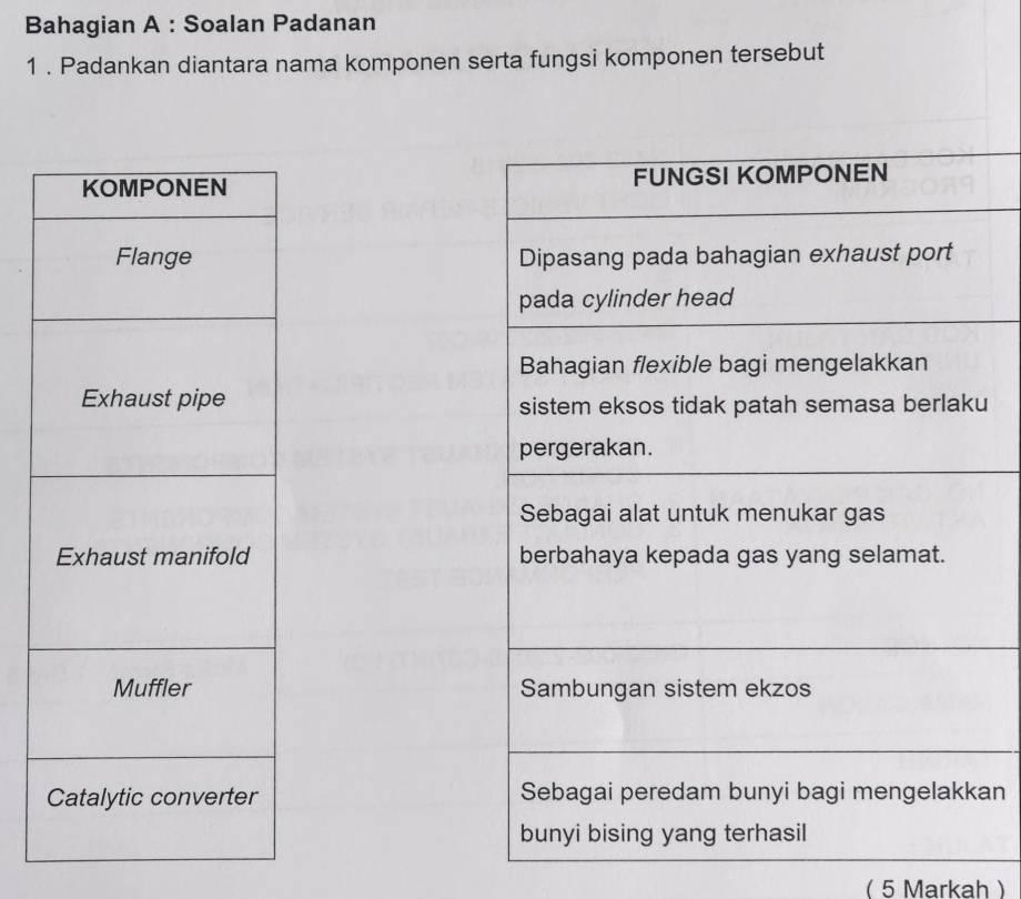 Bahagian A : Soalan Padanan 
1 . Padankan diantara nama komponen serta fungsi komponen tersebut 


u 


an 
( 5 Markah )