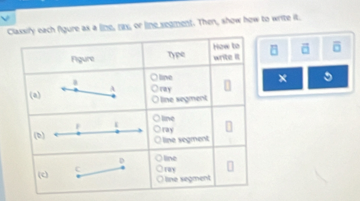 ure as a line, rax, or line seament. Then, show how to write it. 
a