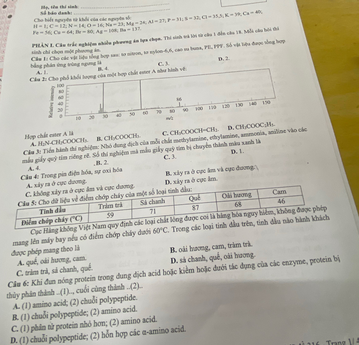 Họ, tên thí sinh:
_
Số báo danh: .
H=1;C=12;N=14;O=16;Na=23;Mg=24;Al=35,5;K=39;Ca=40 Cho biết nguyên tử khối của các n
Fe=56;Cu=64;Br=80;Ag=108;Ba=137.
PHÀN I. Câu trắc nghiệm nhiều phương án lựa chọn. Thí sinh trả lời từ câu 1 đến câu 18. Mỗi câu hỏi thí
Câu 1: Cho các vật liệu tổng hợp sau: tơ nitron, tơ nylon-6,6, cao su buna, PE, PPF. Số vật liệu được tổng hợp
sinh chỉ chọn một phương án.
B. 4. D. 2.
bằng phản ứng trùng ngưng là C. 3.
A. 1.
Câu 2: Cho phổ khối lượng của một hợp chất ester A như hình vẽ:
100
80
60
86
; 20
40 140 150
0 10 20 30 40 50 60 70 80 90 100 110 120
130
m/z
D.
Hợp chất ester A là
A. H _2N-CH_2 COOCH₃. B. CF H₃C 00 CH₃. C. CH_3COOCH=CH_2. CH_3COOC_2H_5.
Câu 3: Tiến hành thí nghiệm: Nhỏ dung dịch của mỗi chất methylamine, ethylamine, ammonia, aniline vào các
mẫu giấy quỳ tím riêng rẽ. Số thí nghiệm mà mẫu giấy quỳ tím bị chuyền thành màu xanh là
C. 3. D. 1.
A. 4.  B. 2.
Câu 4: Trong pin điện hóa, sự oxi hóa
cực dương. B. xảy ra ở cực âm và cực dương.
D. xảy ra ở cực âm.
Cục Hàng không Việt Na
mang lên máy bay nếu có điểm chớp cháy dưới 60°C. Trong các loạ
được phép mang theo là
A. quế, oài hương, cam. B. oải hương, cam, tràm trà.
D. sả chanh, quế, oải hương.
Câu 6: Khi đun nóng protein trong dung dịch acid hoặc kiểm hoặc dưới tác dụng của các enzyme, protein bị C. tràm trà, sả chanh, quế.
thủy phân thành ..(1).., cuối cùng thành ..(2)..
A. (1) amino acid; (2) chuỗi polypeptide.
B. (1) chuỗi polypeptide; (2) amino acid.
C. (1) phân tử protein nhỏ hơn; (2) amino acid.
D. (1) chuỗi polypeptide; (2) hỗn hợp các α-amino acid.
Trang 1/  4