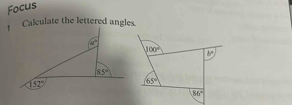 Focus
Calculate the lettered angles.