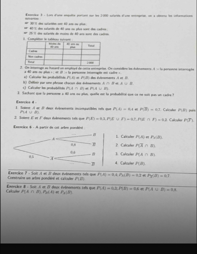 Lors d'une enquête portant sur les 2:000 salariés d'une entreprise, on a obtenu les informations
suivantes :
30% des salariées ont 40 ans ou plus :
40 % des salariés de 40 ans ou plus sont des cadres :
25  % des salariés de moins de 40 ans sont des cadres.
1. Compléter le tab
2. On interroge au hasard un employé de cette entreprise. On considère les évènements A: la personne interrogée
a 40 ans ou plus » : et B: la personne interrogée est cadre ».
a) Calculer les probabilités P(A) et P(B) des évènements A et B.
b) Définir par une phrase chacun des évènements A ∩ B et A∪ B.
c) Calculer les probabilités P(A∩ B) et P(A∪ B).
3. Sachant que la personne a 40 ans ou plus, quelle est la probabilité que ce ne soit pas un cadre ?
Exercice 4 -
1. Soient A et B deux évènements incompatibles tels que P(A)=0,4 et P(overline B)=0,7. Calculer P(B) puis
P(A∪ B).
2. Soient E et F deux évènements tels que P(E)=0,3,P(E∪ F)=0,7,P(E∩ F)=0,2 Calculer P(F).
Exercice 6 - A partir de cet arbre pondéré :
1. Calculer P(A) et P_A(B).
2. Calculer P(overline A∩ B).
3. Calculer P(A∩ B).
4. Calculer P(B).
Exercice 7 - Soit A et B deux événements tels que P(A)=0,4;P_A(B)=0.2 et P_overline A(B)=0,7.
Construire un arbre pondéré et calculer P(B).
Exercice 8 - Soit A et B deux événements tels que P(A)=0.3;P(B)=0.6 et P(A∪ B)=0.8.
Calculer P(A∩ B),P_B(A) et P_A(B).