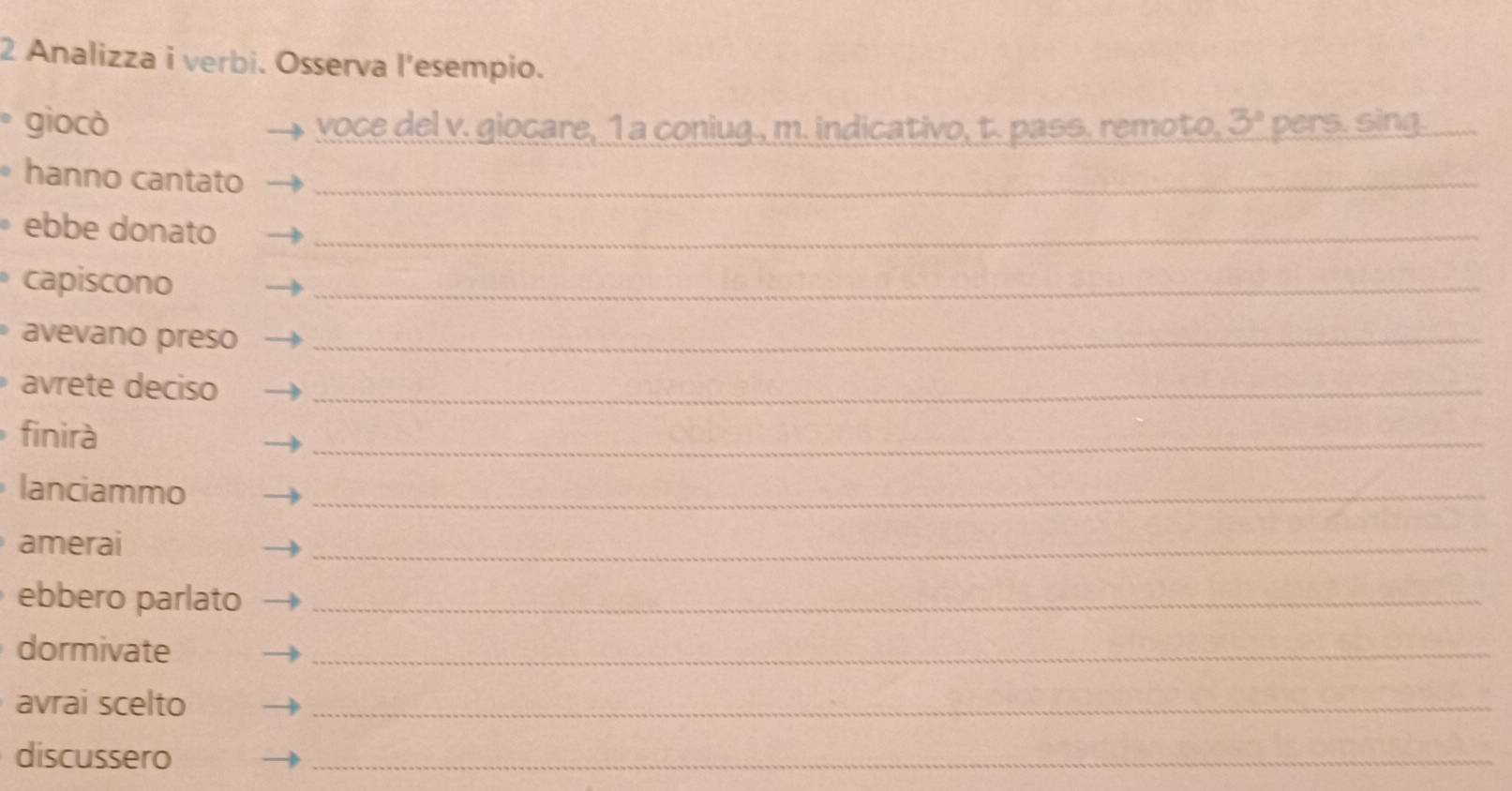 Analizza i verbi. Osserva l’esempio. 
* giocò voce del v. giocare, 1 a coniug., m. indicativo, t. pass. remoto, 3° pers. sing._ 
hanno cantato_ 
ebbe donato_ 
capiscono_ 
avevano preso_ 
avrete deciso_ 
finirà 
_ 
lanciammo_ 
amerai 
_ 
ebbero parlato_ 
dormivate_ 
avrai scelto_ 
discussero_