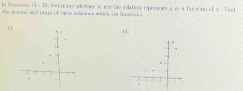 In Exercises 13 - 32, determine whether or not the relation represents y as a function of z. Find 
the domain and range of those relations which are functions. 
13. 
14,