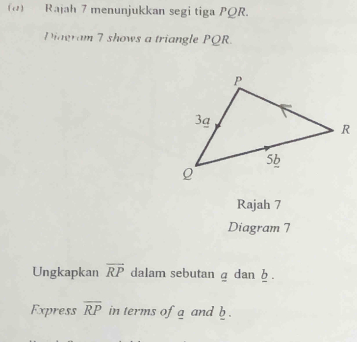 Rajah 7 menunjukkan segi tiga PQR. 
Diagram 7 shows a triangle PQR. 
Rajah 7 
Diagram 7 
Ungkapkan vector RP dalam sebutan ā dan b. 
Express overline RP in terms of a and b.