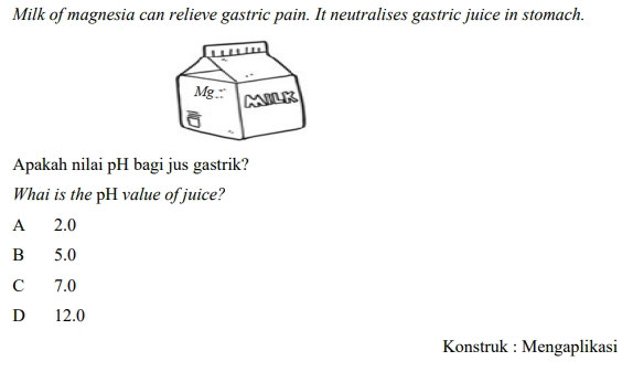 Milk of magnesia can relieve gastric pain. It neutralises gastric juice in stomach.
Apakah nilai pH bagi jus gastrik?
Whai is the pH value of juice?
A 2.0
B 5.0
C 7.0
D 12.0
Konstruk : Mengaplikasi