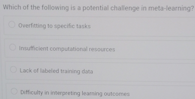 Which of the following is a potential challenge in meta-learning?
Overfitting to specific tasks
Insufficient computational resources
Lack of labeled training data
Difficulty in interpreting learning outcomes