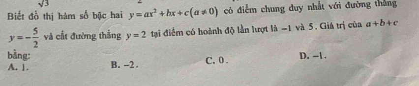 sqrt(3)
Biết đồ thị hàm số bậc hai y=ax^2+bx+c(a!= 0) có điểm chung duy nhất với đường thắng
y=- 5/2  và cất đường thắng y=2 tại điểm có hoành độ lần lượt là -1 và 5. Giá trị của a+b+c
bằng: D. -1.
A. 1. B. -2. C. 0.