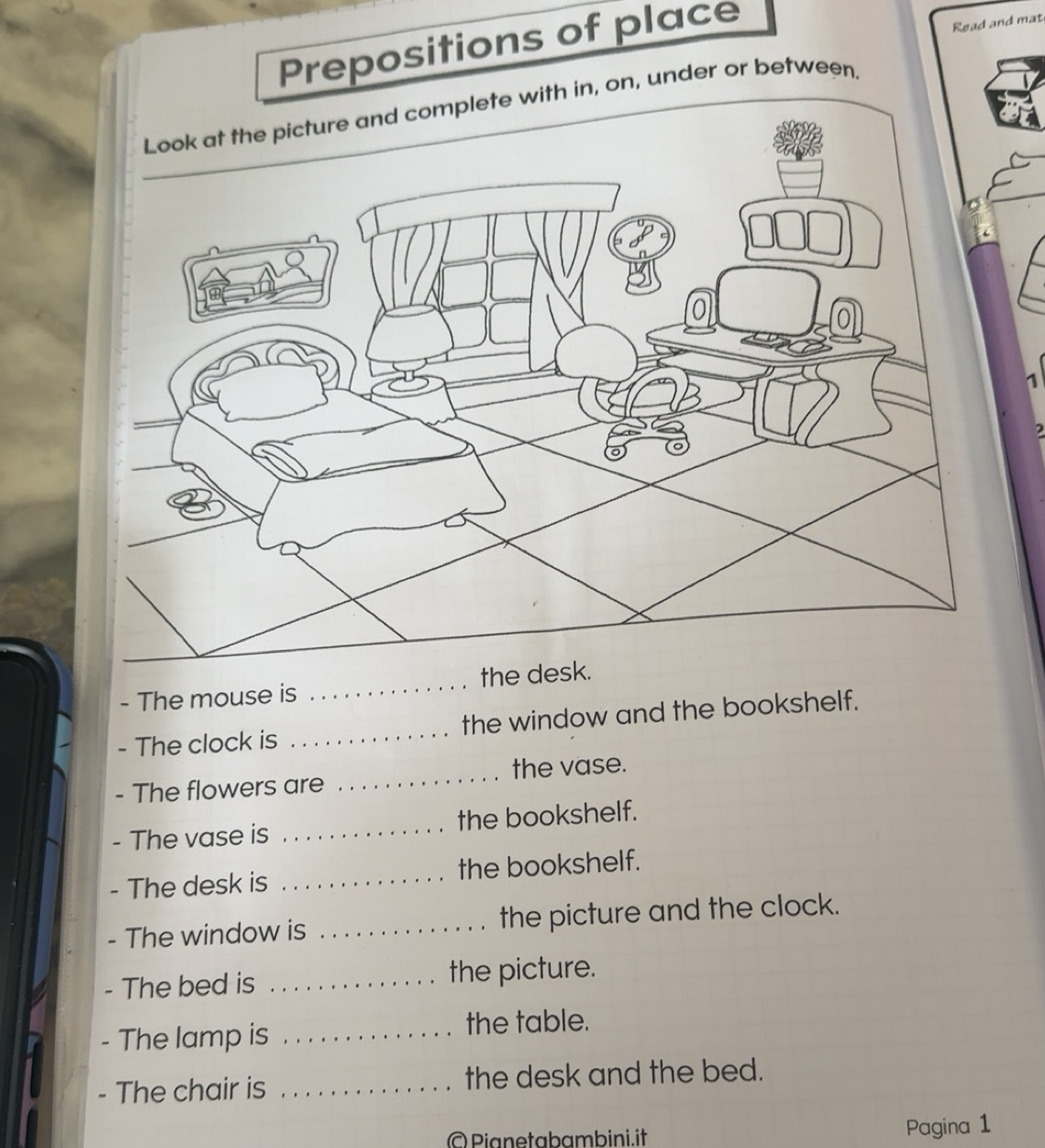 Risolto:Prepositions of place Read and mat Look at the picture and ...