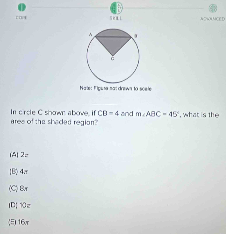 CORE SKILL ADVANCED
Note: Figure not drawn to scale
In circle C shown above, if CB=4 and m∠ ABC=45° , what is the
area of the shaded region?
(A) 2π
(B) 4π
(C) 8π
(D) 10π
(E) 16π