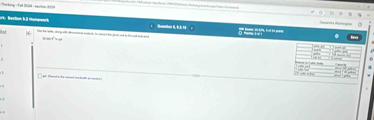 FRoo&questionld=1&flushed=faise&cid=7949303&back=DoAssignments.aspx/view=homewod 
1 Thinking - Fall 2024 - section 2029 
.. 
Cassandra Washington 
ork: Section 9.2 Homework Question 8, 9.2.15 HW Score: 20 83%, 5 of 24 punts 
O Points: 0 of 1 
list Use the table, along with dimersional analysls, to convert the given unit to the unit indicated
30.000n^3toge
Save 
1 
a 
2 
a 

gal (found to the nearest hundredth as needed ) 
1 4
n o